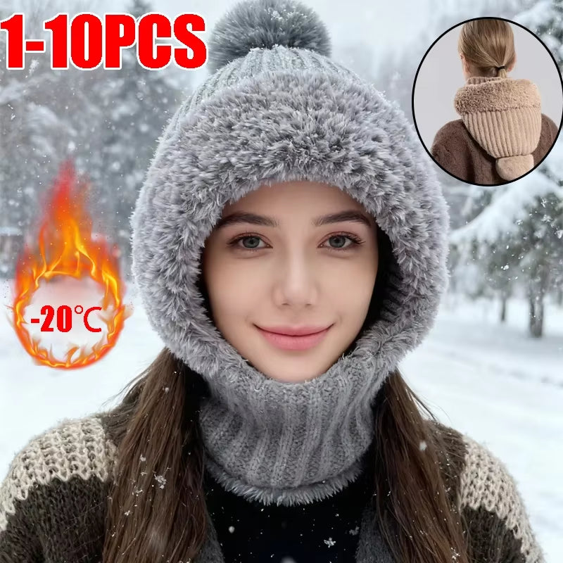 Thermal Fleece Knit Beanie with Ear Protection and Windproof Hood Neck Warmer for Cyclists