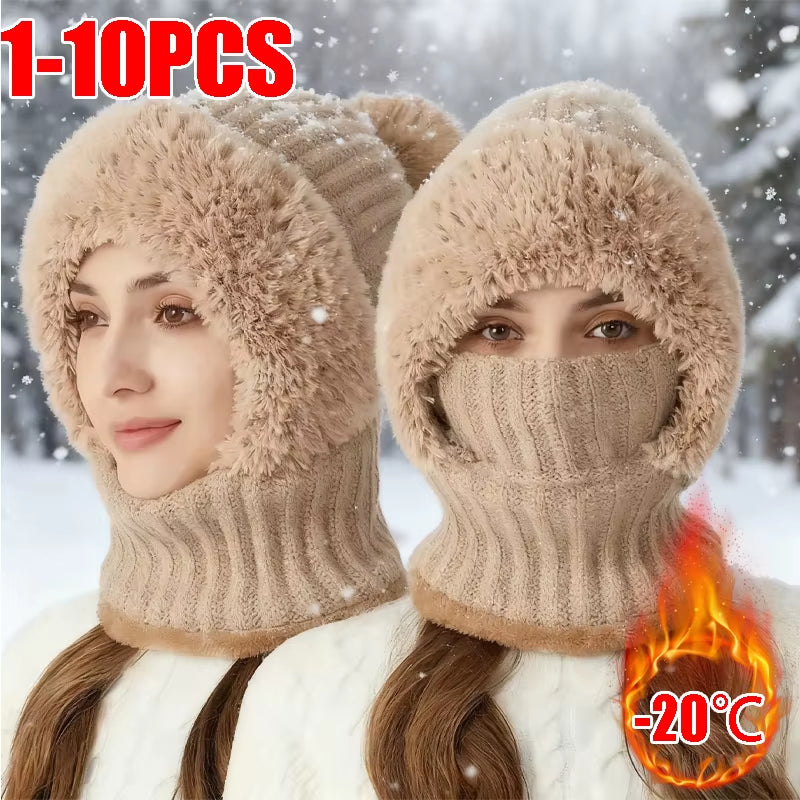 Thermal Fleece Knit Beanie with Ear Protection and Windproof Hood Neck Warmer for Cyclists